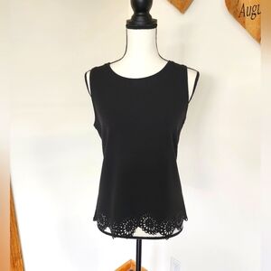 Ann Taylor Loft Floral Cut Out Petal Hem Black Sleeveless Shirt